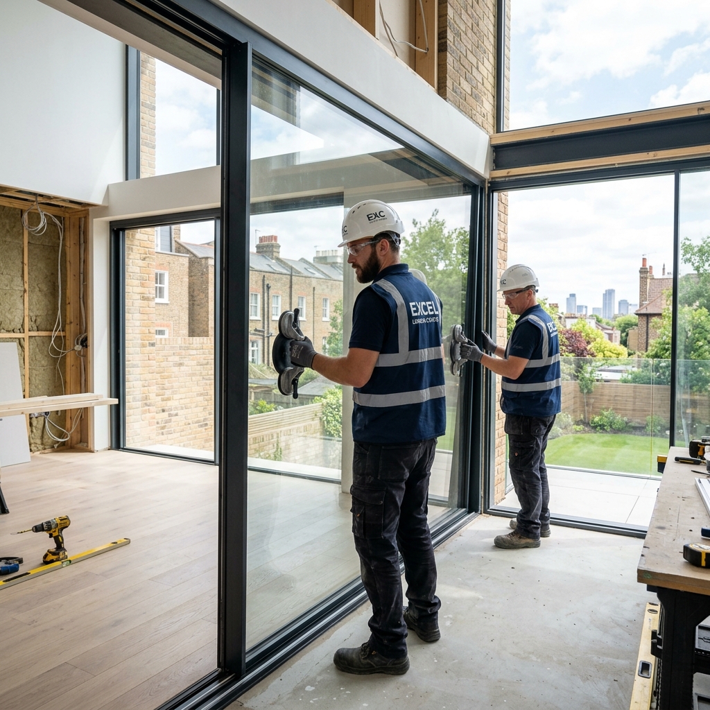 Builders wearing branded high-vis vests and helmets installing large-format glass sliding doors in a modern London home