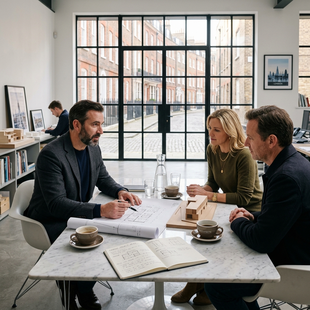 A professional design consultation meeting between an architect and clients inside a luxury bright architecture studio