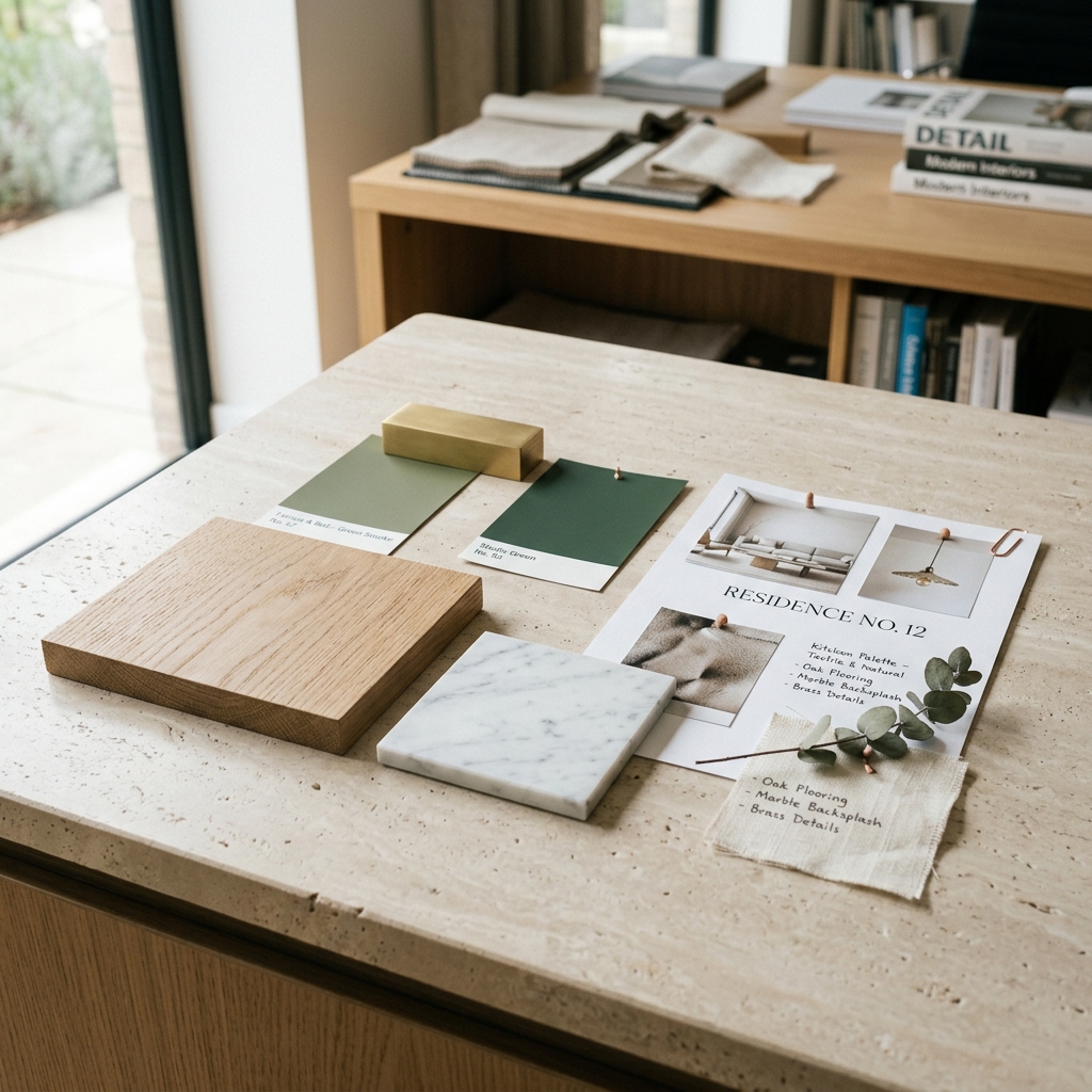 A design mood board showing material samples including oak, Carrara marble, and brushed brass swatches