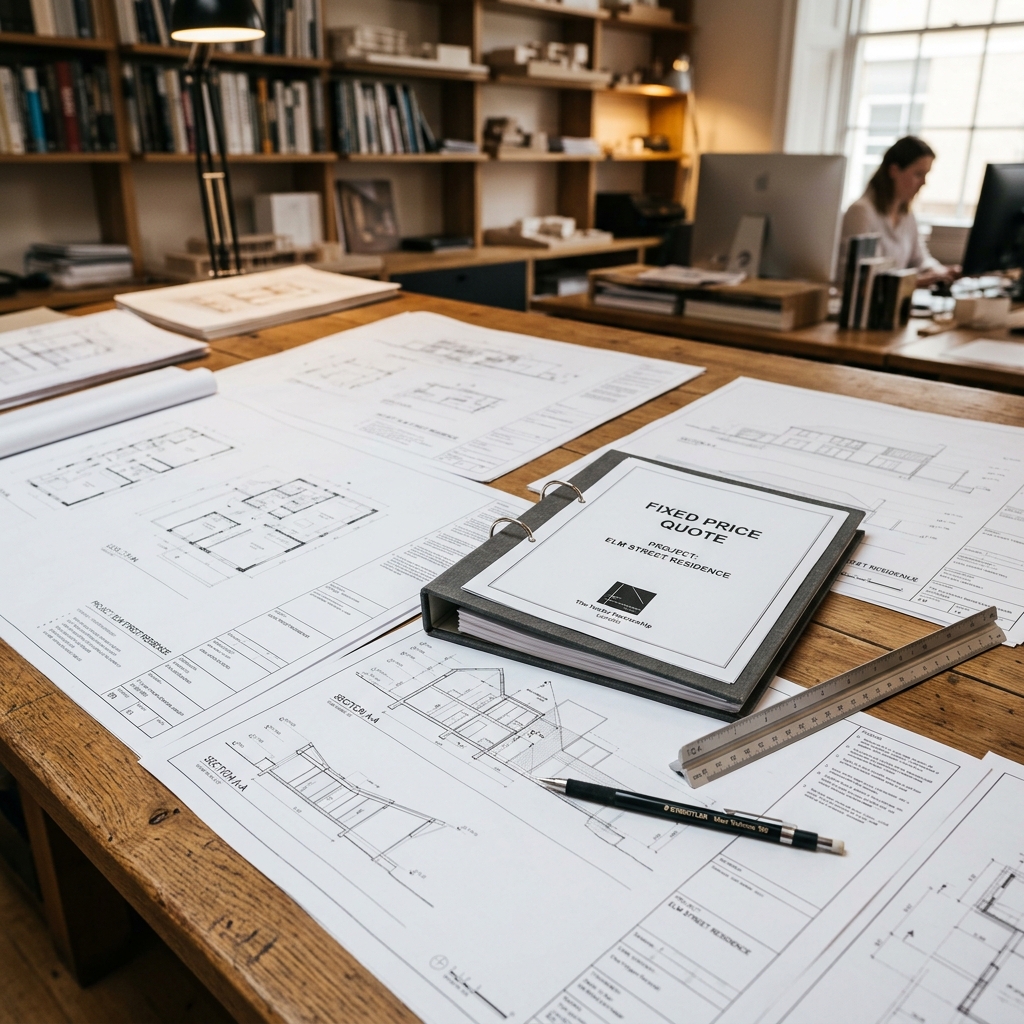 A fixed price quote binder resting on a designer desk covered in detailed black-and-white architectural drawings