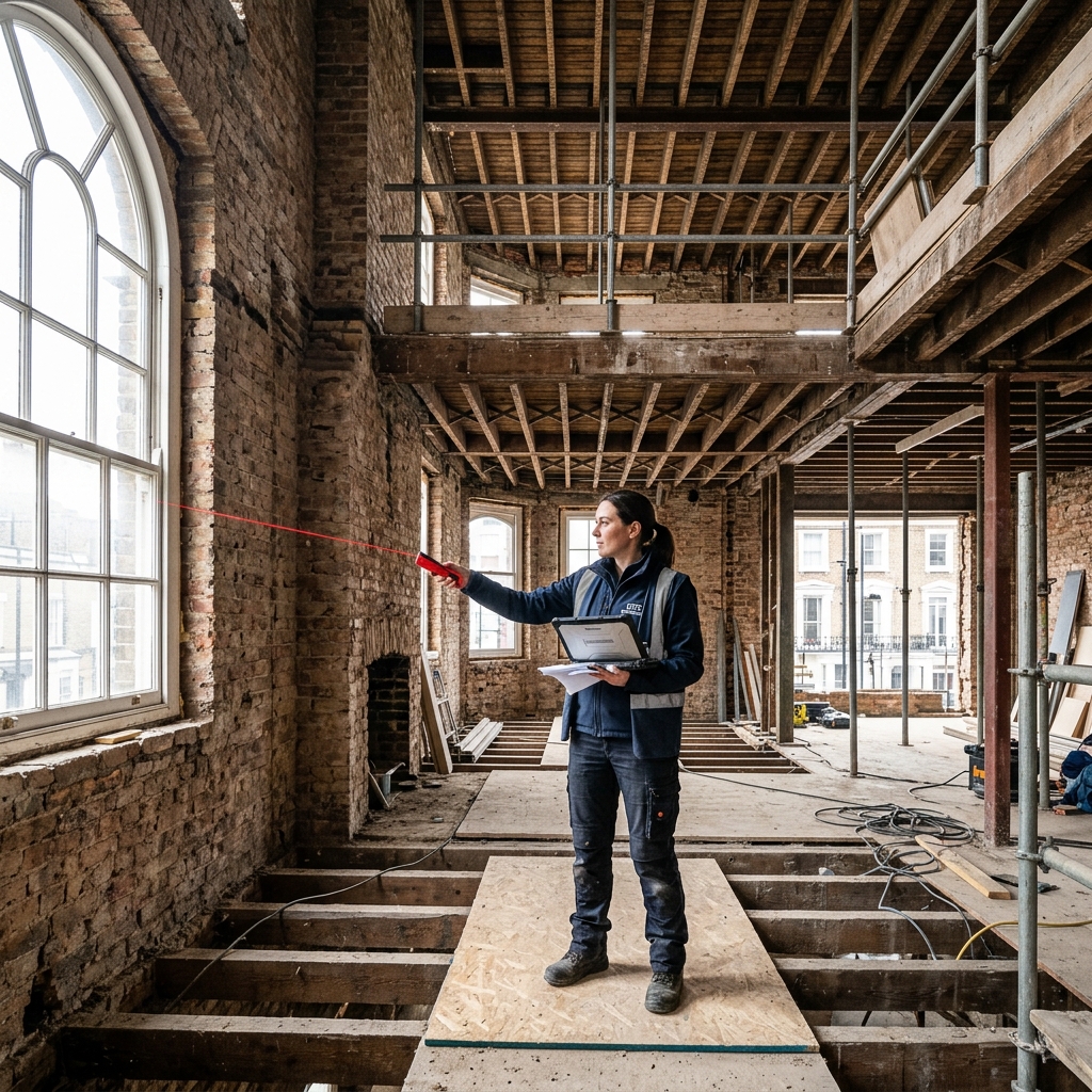 Architectural site surveyor using a red laser distance meter inside a stripped-back period London brick property